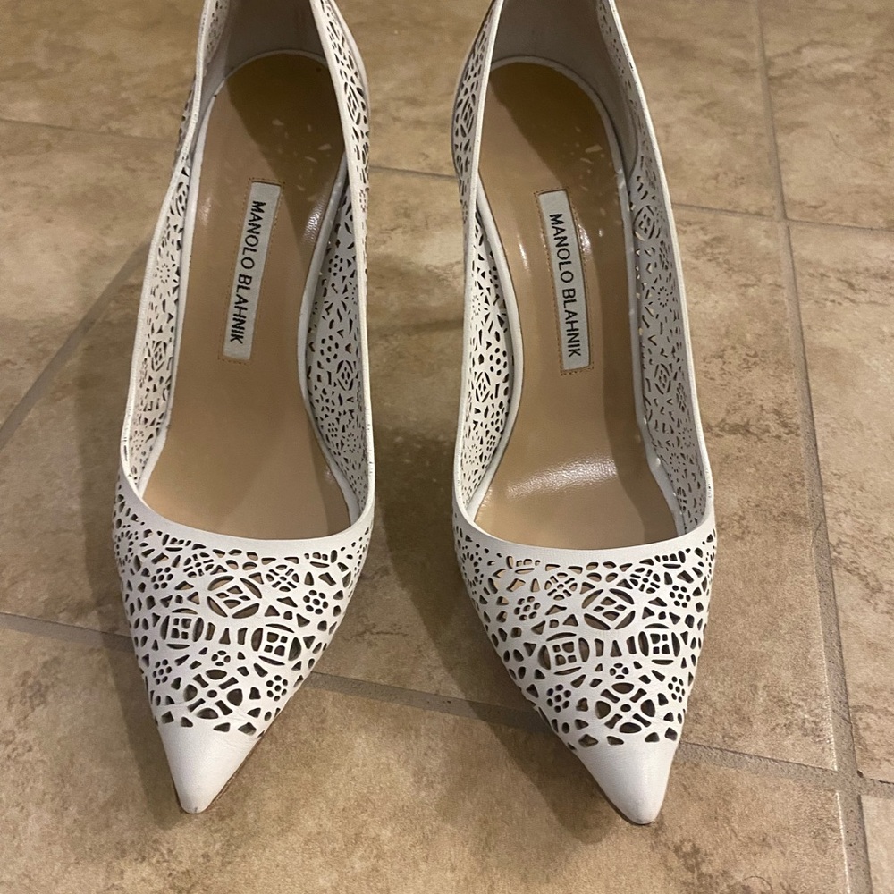Manolo Blahnik White Floral Cutout Heels